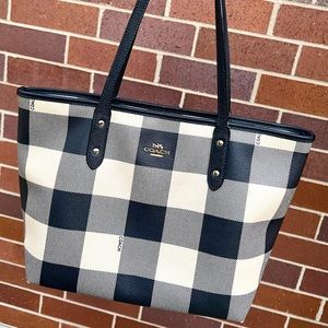 Coach Gallery Tote Bag • Coach Purse • Shoulder Bag • Navy Blue & Cream • Plaid